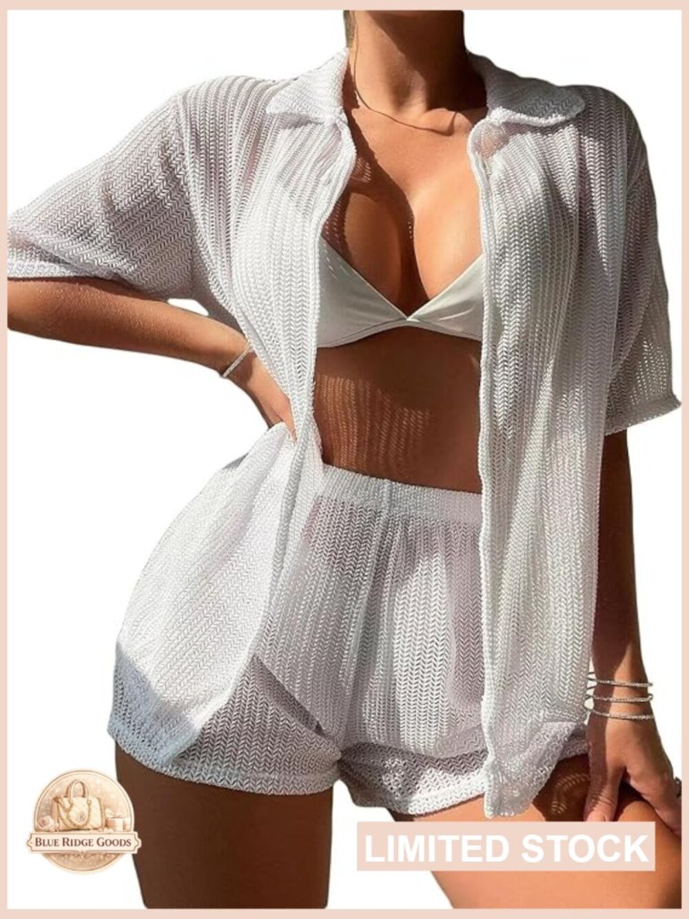 Sheer Mesh Triangle Halter Bikini Set Short Sleeve Loose Fit Beach Cover Up Y2K
